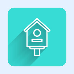 White line Bird house icon isolated with long shadow. Nesting box birdhouse, homemade building for birds. Green square button. Vector Illustration.