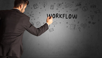 businessman drawing a creative idea sketch with WORKFLOW inscription, business strategy concept