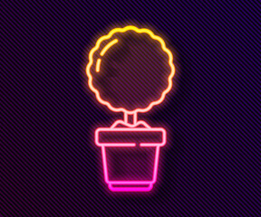 Glowing neon line Plant in pot icon isolated on black background. Plant growing in a pot. Potted plant sign. Vector Illustration.