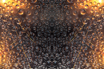 Pattern. Translucent drops of water are located on a black background and are lit by flashes of...