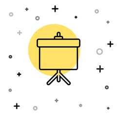 Black line Presentation board with graph, schedule, chart, diagram, infographic, pie graph icon isolated on white background. Random dynamic shapes. Vector Illustration.