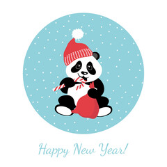 Little cute panda is eating candy. Vector illustration for children. Happy New Year.