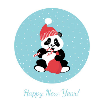 Little cute panda is eating candy. Vector illustration for children. Happy New Year.