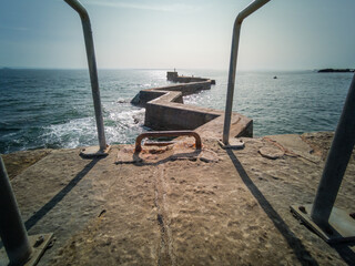 Famous zigzag pier in St Monans in the East Neuk of Fife Scotland on a sunny day