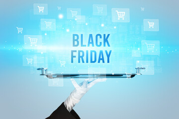 Waiter serving BLACK FRIDAY inscription, online shopping concept