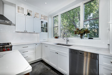 New modern beautiful kitchen recently installed in a house in Westmount, Montreal