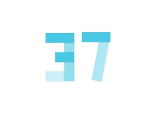 37 number, vector logo, paper cut desing font made of blue color tones .Isolated on white background. Eps10 illustration