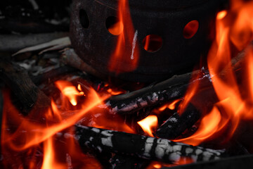Close-up burning woods and flames