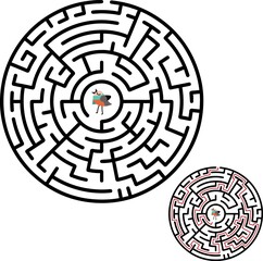 Black circle vector maze isolated on white background. Black labyrinth with one right way. Vector maze icon. Labyrinth symbol.