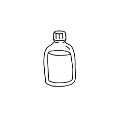 Glass bottle with potion. Container with liquid. Vector doodle illustrations. Black and white outline