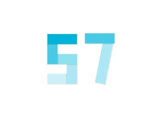 57 number, vector logo, paper cut desing font made of blue color tones .Isolated on white background. Eps10 illustratio5