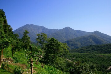 Naklejka premium Beautiful view of the green field and the mountain