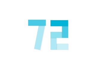 72 number, vector logo, paper cut desing font made of blue color tones .Isolated on white background. Eps10 illustratio5