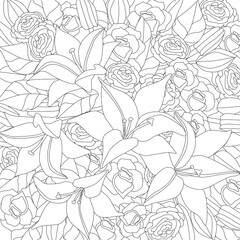 outlined drawing abstract field of flowers. beautiful lilies and