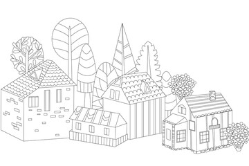 Fototapeta premium outline drawing cute rural houses with stylized trees for your c