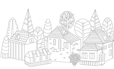 outline drawing town with cute houses surrounded fancy trees for