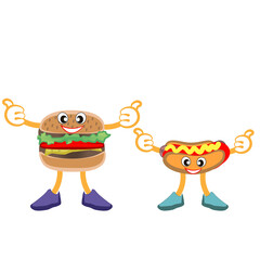Positive two friends hamburger and hot dog.