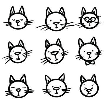 Trendy set with animals cats doodle. Hand drawn line art vector illustration. Seamless pattern. Isolated cartoon set icon animal. Vintage print. Love print. Smile icon vector. © vectorK
