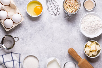 Ingredients for baking - flour, milk, salt, sugar, eggs.