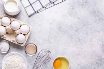 Ingredients for baking - flour, milk, salt, sugar, eggs.