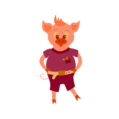 Cute piglet. Smiling pig child. Vector cartoon