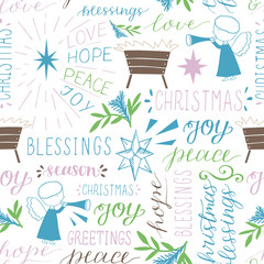 Seamless christmas pattern with hand drawn words Love, Hope, Peace, Joy, Greetings, Blessings, stars and Angels.