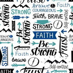Seamless pattern with hand drawn words Faith, Strong, Brave, Trust.