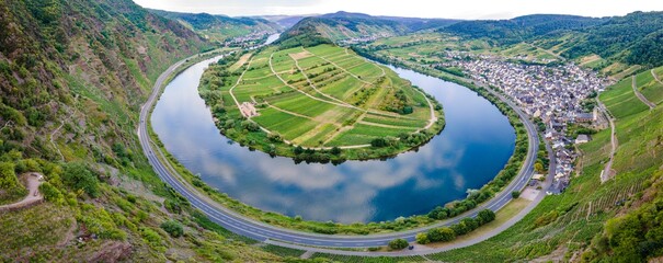 Loop of Bremm from Calmont on the romantic Moselle, Mosel river. Panorama view....