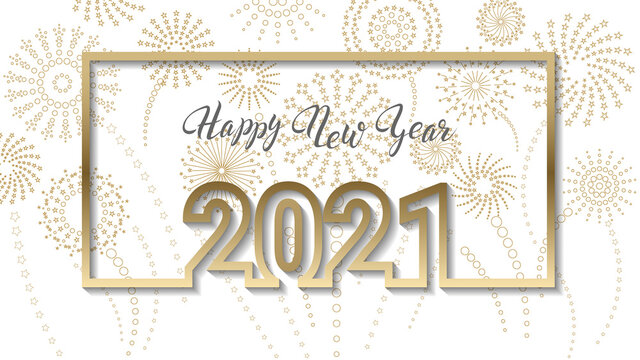 Happy new year lettering framed with a picture 2021 on a white background with fireworks