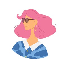 Young woman head in dark sunglasses. Pink hair, smile. Unique character in casual clothes