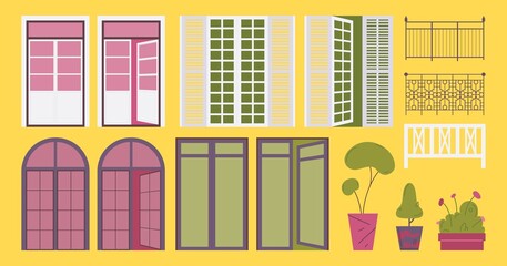 French balcony set. Flat collection with open and closed exterior door elements, railing and trees good for decoration isolated on yellow background