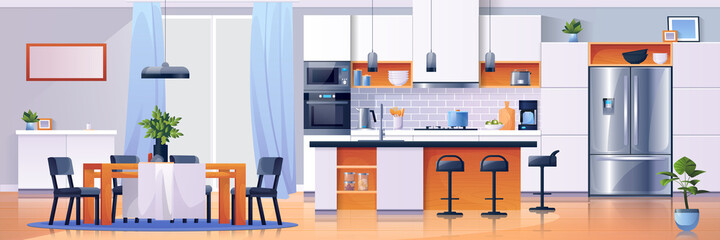 Kitchen interior background, modern home furniture, vector. Kitchen dining room table and appliances, cartoon flat design, stove or microwave oven and refrigerator, cupboard and kitchenware utensils