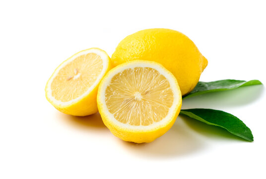 Fresh lemon with leaf isolated on white background,