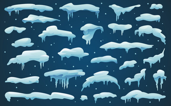 Snow caps and snowy ice, frozen icicles and snowflakes, vector isolated cartoon icons set. Abstract snow frost caps and icicles on winter background for Christmas and New Year design elements