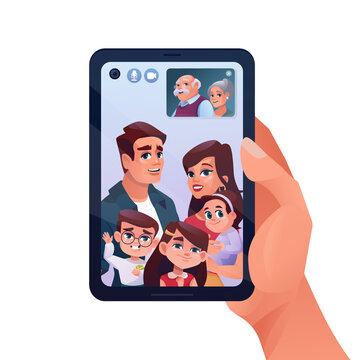 Video call or family chat in phone or smartphone, vector cartoon illustration. Child and elderly parents video call on quarantine, woman with kids chatting on mobile phone online watching in window