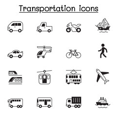 Set of Public transport Related Vector Icons. Contains such Icons as, train, car, bicycle, boat, yacht, truck, bus, walking, plane, helicopter, railway, motorcycle and more.