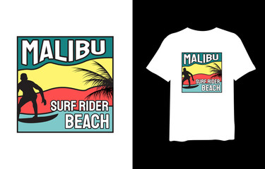 Malibu surf rider beach with tropical palm silhouettes, stylish t-shirts and trendy clothing designs with lettering, and printable, vector illustration designs.