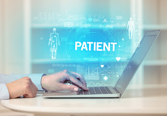 Doctor working a health check with PATIENT inscription, recording medical test results