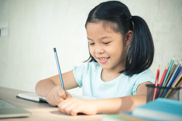 Asian girl student online learning class study online video call zoom teacher, Happy girl learn...