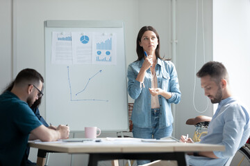 Stressed young businesswoman employee feeling nervous before flip chart presentation, standing near...