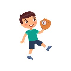 Little happy boy caught a baseball ball with a glove. Sports success concept. Cartoon character isolated on white background. Flat vector color illustration.