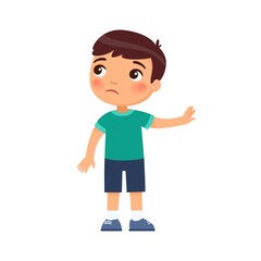 Displeased little boy shows refusal gesture. Naughty child, bad behavior. Child psychology. Cartoon character isolated on white background. Flat vector color illustration.