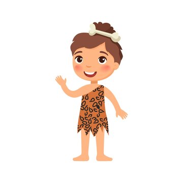 Little girl in the image of an ancient man. History of mankind. Cute cartoon character isolated on white background. Flat vector color illustration.