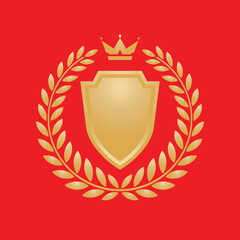 Obraz premium Laurel wreath, golden shield and royal crown - concept logo template design. Protection guard security creative sign. Original badge emblem in vintage retro style. Vector illustration. 