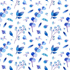 Seamless pattern with blue cosmic plants. Stylized leaves and berries with symbols of stars. Wallpaper, wrapping paper design, textile, scrapbooking, digital paper. Watercolor hand drawn illustrations