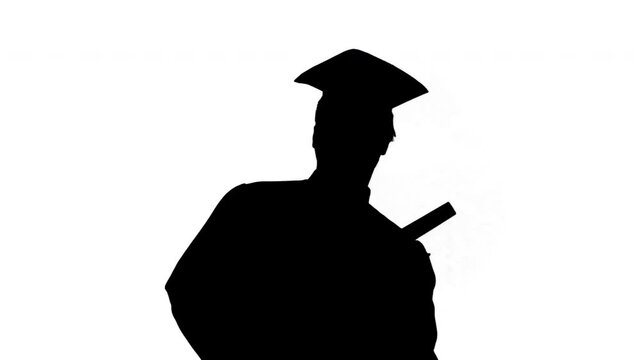 Silhouette Happy african american male student in graduation robe posing with diploma for camera.