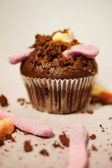 Chocolate muffin with worms. Scary food. Halloween party desserts. Vertical orientation 