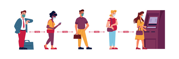 ATM queue, people in social distance line, covid19 coronavirus public safety, vector flat. People in masks standing in queue for ATM money withdraw, quarantine and corona virus infection prevention