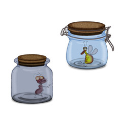 Glass jar with a wooden lid with insects inside. Illustration in two versions of an ant and a cockroach.