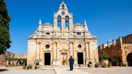 Obraz premium Arkadi, Greece - August 19, 2020 - The historic monastery church in the famous Arkadi Monastery on the island of Crete